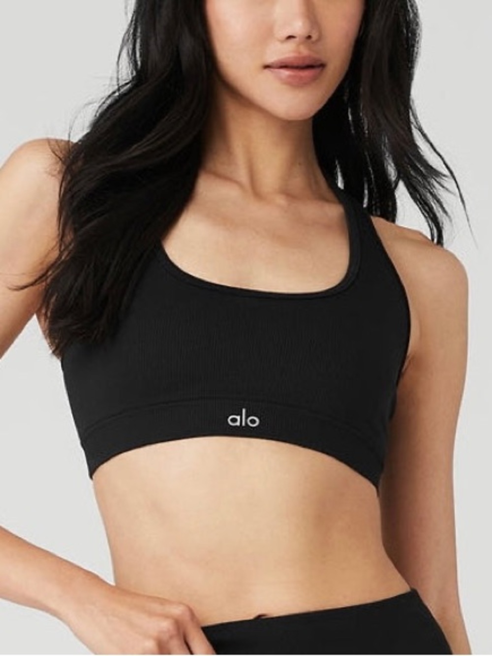 ALO Yoga Black Ribbed Scoop-Neck Sports Bra
